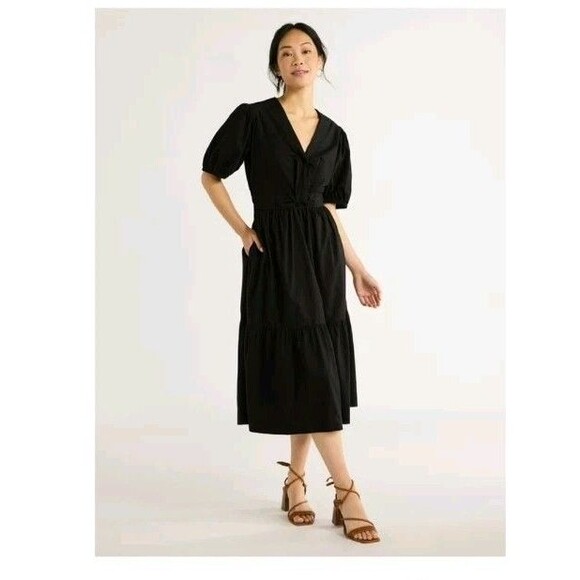 NWT FREE ASSEMBLY Dress Womens L Black Midi 100% Cotton Puff Short Sleeve Boho - Picture 1 of 14